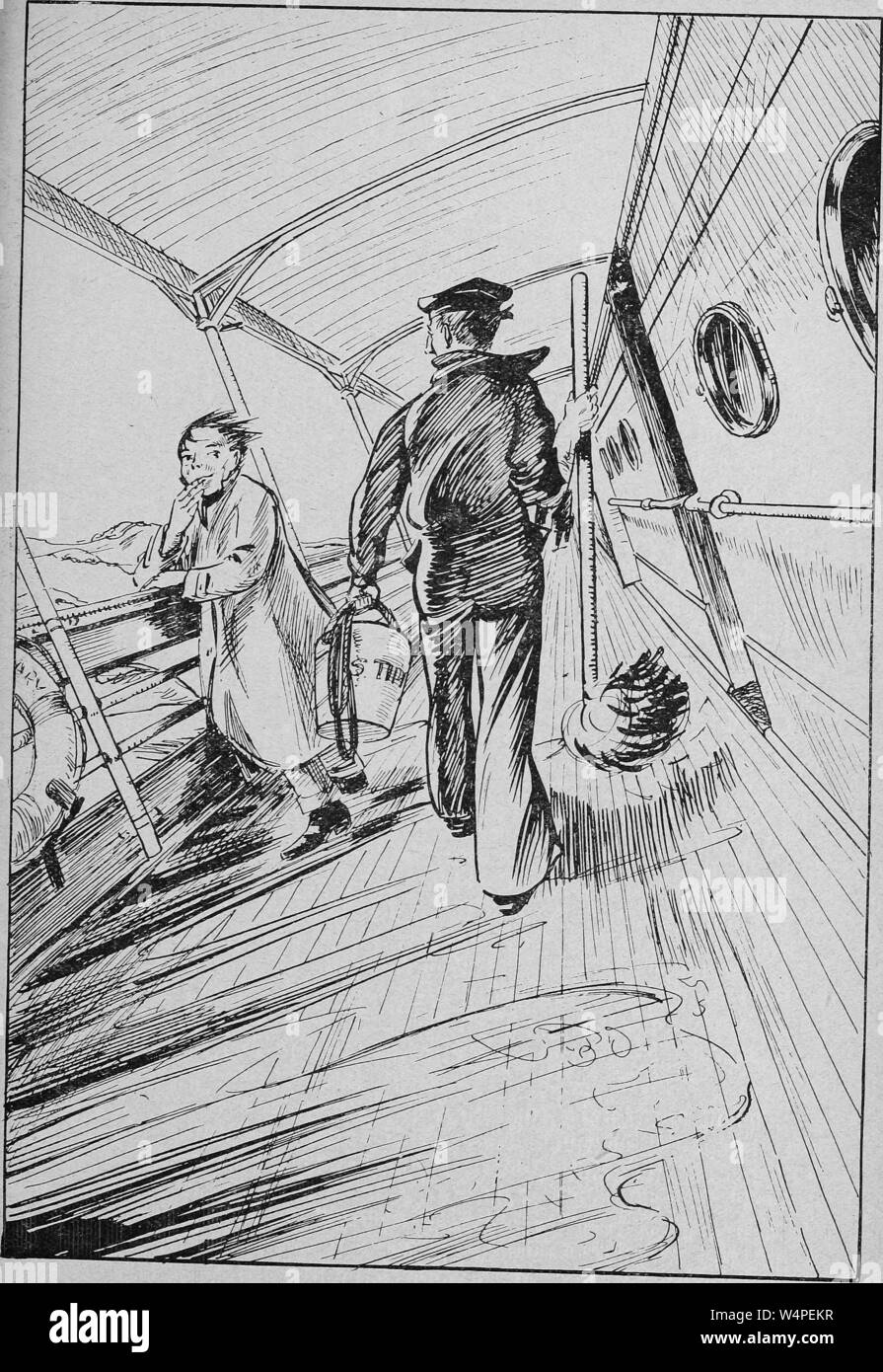 Engraved illustration 'sick but happy', the passenger with seasickness talking to the sailor, from the 'Ruhleben camp magazine', April, 1916. Courtesy Internet Archive. () Stock Photo
