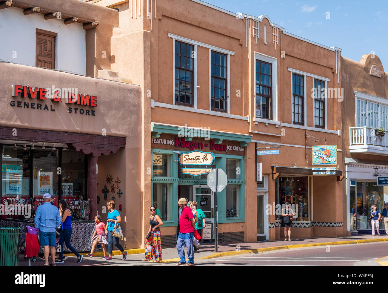 Santa Fe shops near the Plaza, Five and Dime General Store famous for their Frito Pie on San Francisco Street, Santa Fe, New Mexico, USA. Stock Photo