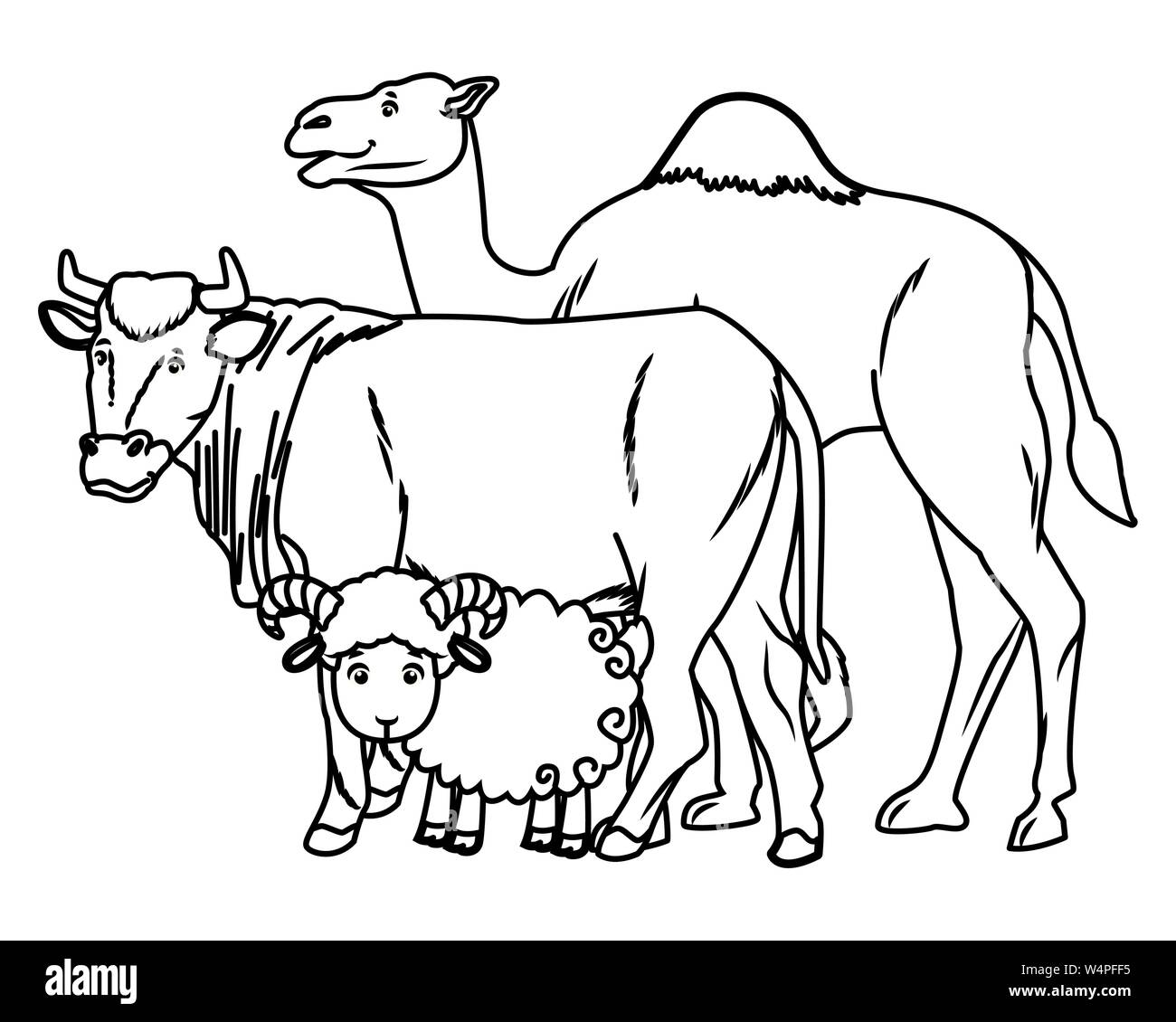 Camel cow and goat animals cartoons in black and white Stock Vector