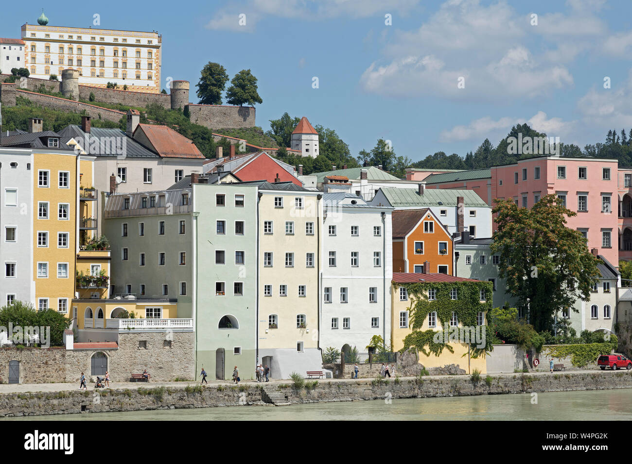 buildings at the bank of River Inn, Passau, Lower Bavaria, Bavaria, Germany Stock Photo