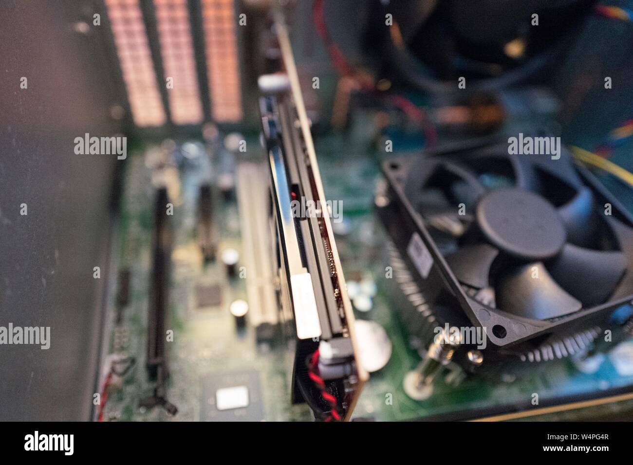 AMD Graphical Processing Unit (GPU), aka graphics card, installed in a computer for cryptocurrency mining of the Bitcoin alternative Monero, San Ramon, California, August 29, 2018. () Stock Photo