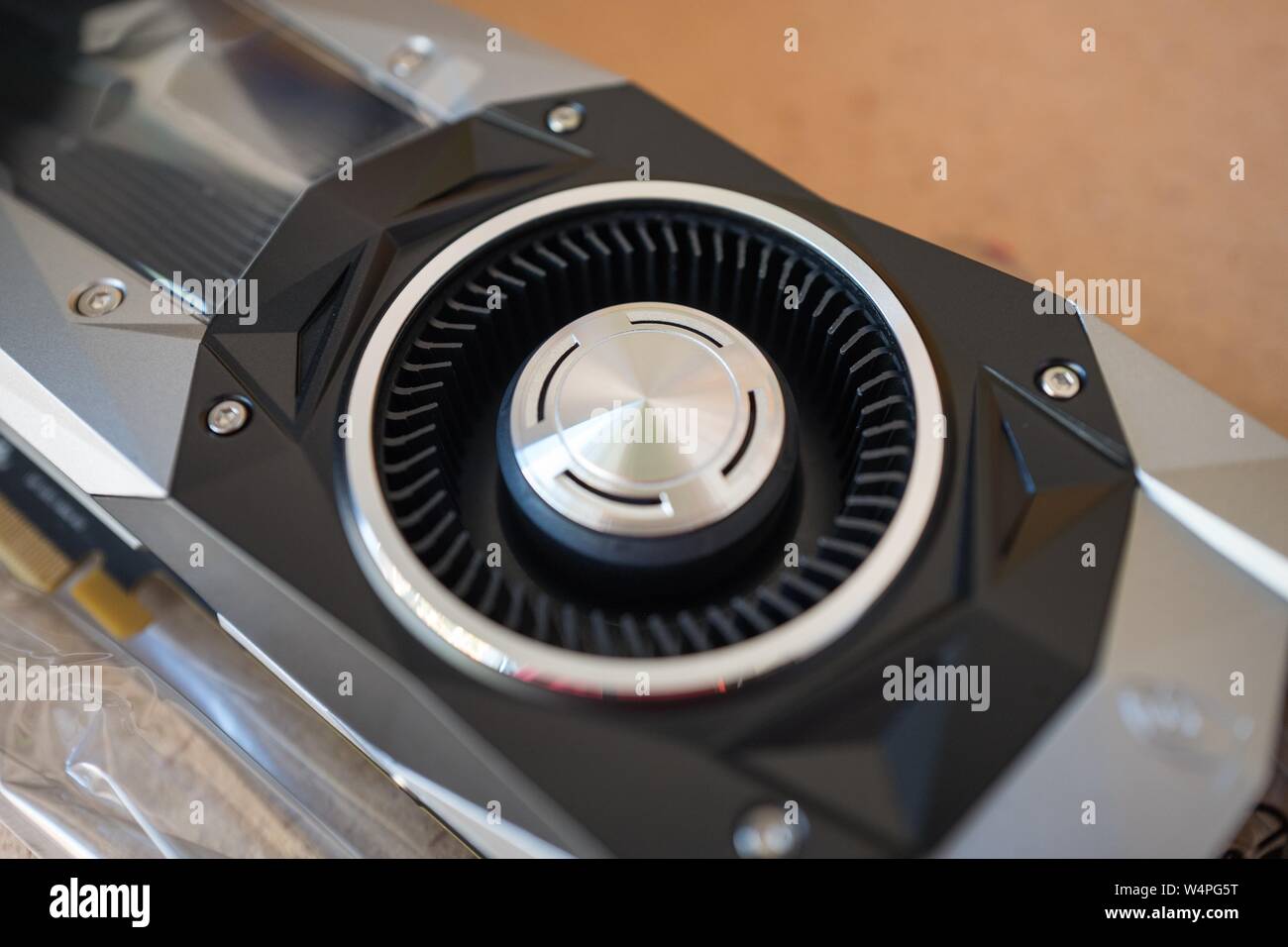 New Nvidia 1070 GTX Graphical Processing Unit (GPU), aka graphics card, close-up of cooling fan, prior to installation in a cryptocurrency mining computer for mining Bitcoin alternatives, San Ramon, California, August 28, 2018. () Stock Photo