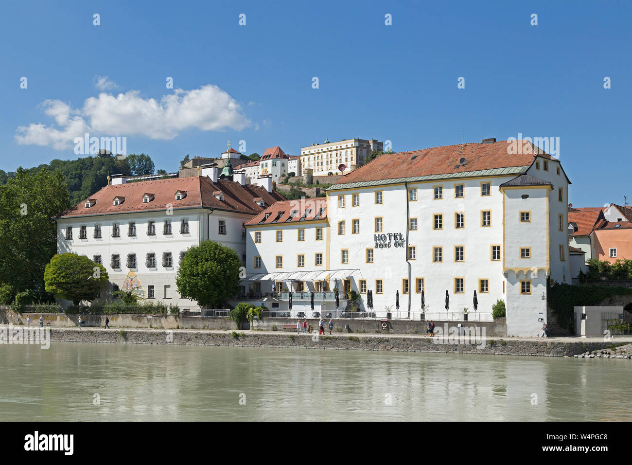 Hotel Schloss Ort and Veste Oberhaus (upper fortress), Passau, Lower Bavaria, Bavaria, Germany Stock Photo