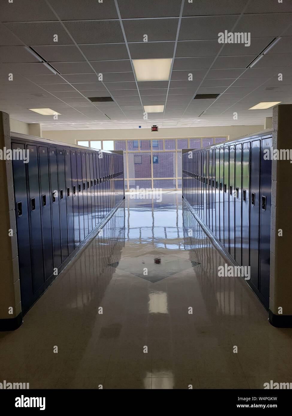 A bank of blue student lockers in a clean middle school hallway. Stock Photo