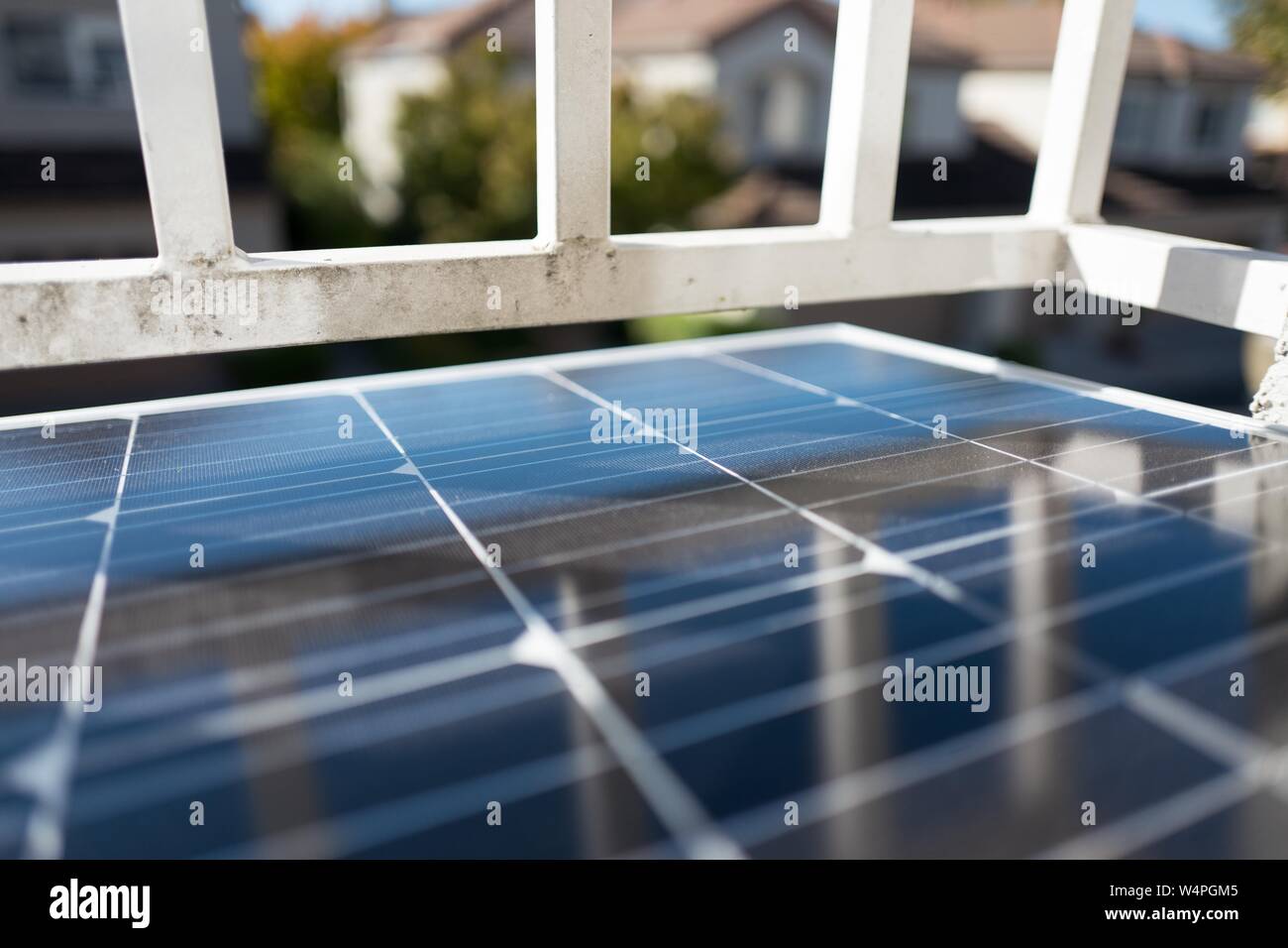 Close-up of solar photovoltaic panels from solar company Renogy, being installed as part of a residential off-grid solar system, in bright sunlight, San Ramon, California, September 10, 2018. () Stock Photo