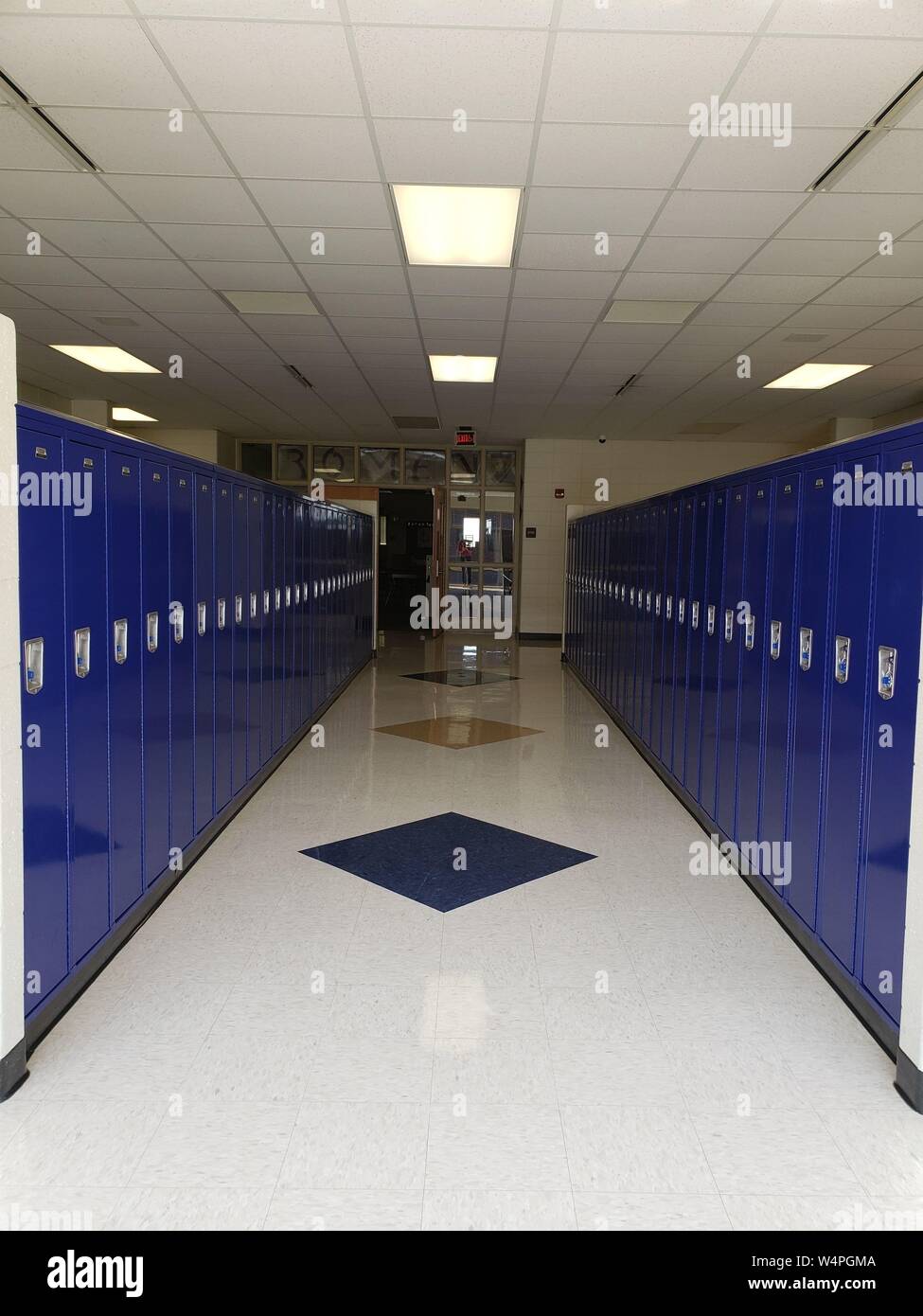 A bank of blue student lockers in a clean middle school hallway. Stock Photo