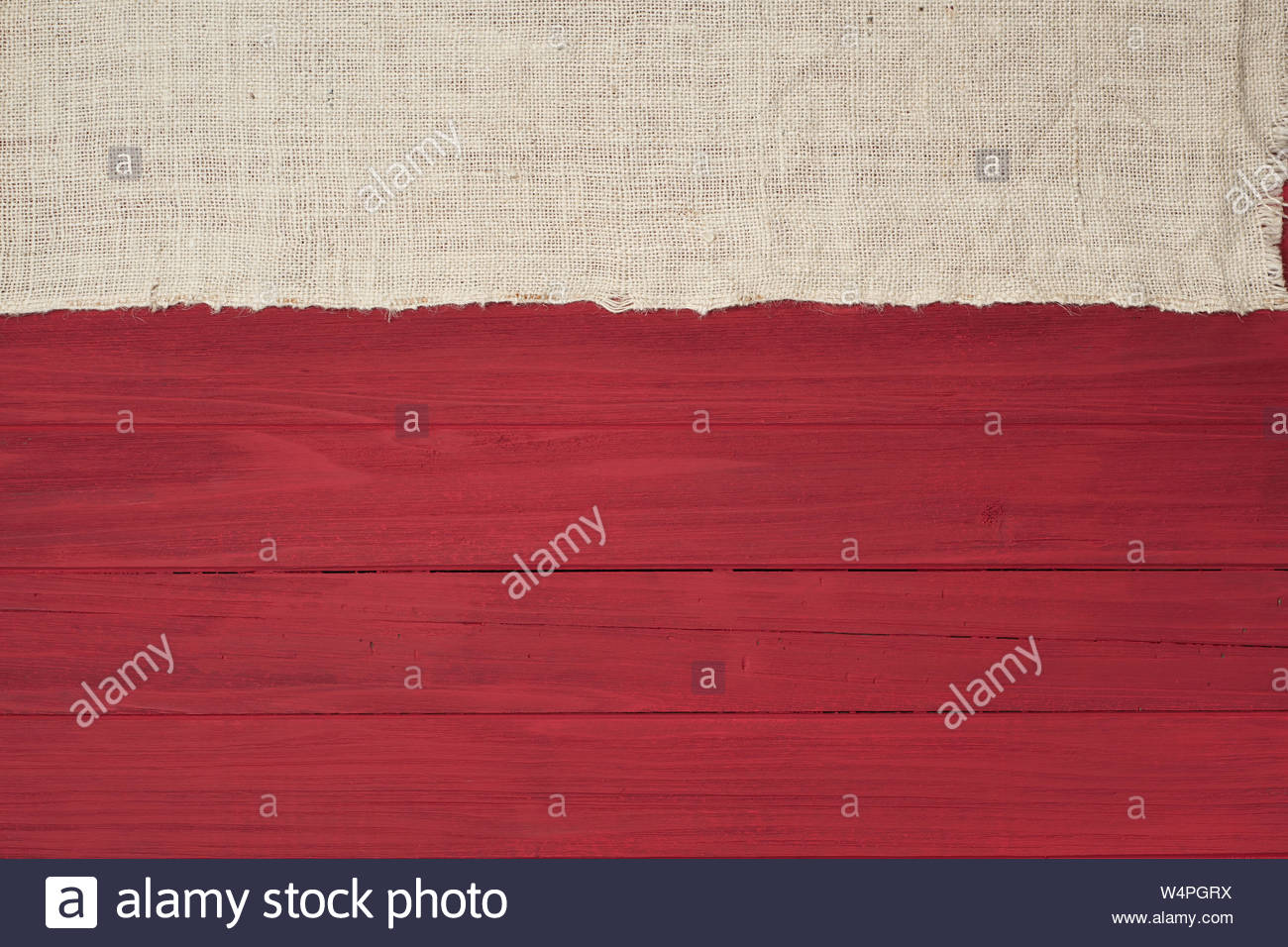 Rustic Red Wood Boards in Flat layout with off white Burlap fabric