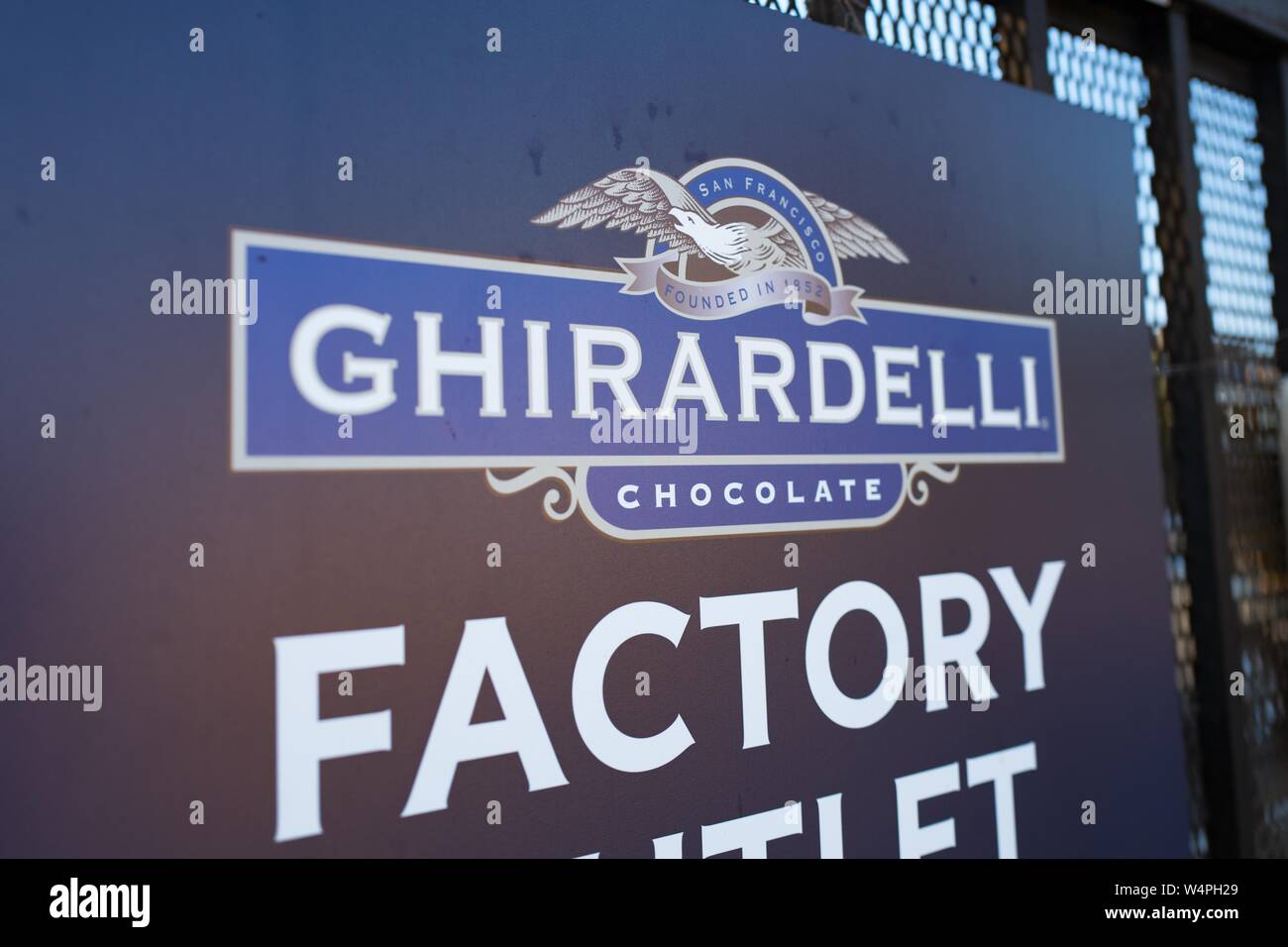 Sign with logo for iconic San Francisco gourmet chocolate company