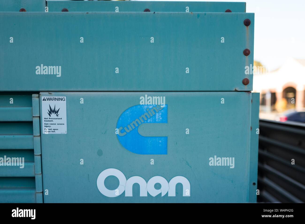 Close-up of logo on Cummins Onan backup diesel generator at a facility on Alameda Island, Alameda, California, September 10, 2018. () Stock Photo
