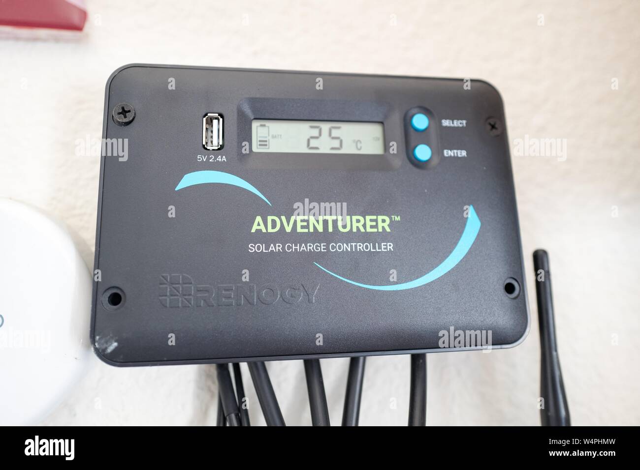 Close-up of LCD screen readout showing battery temperature on wall mounted solar charge controller from solar company Renogy, part of a smart home off-grid solar power system, San Ramon, California, September 20, 2018. () Stock Photo