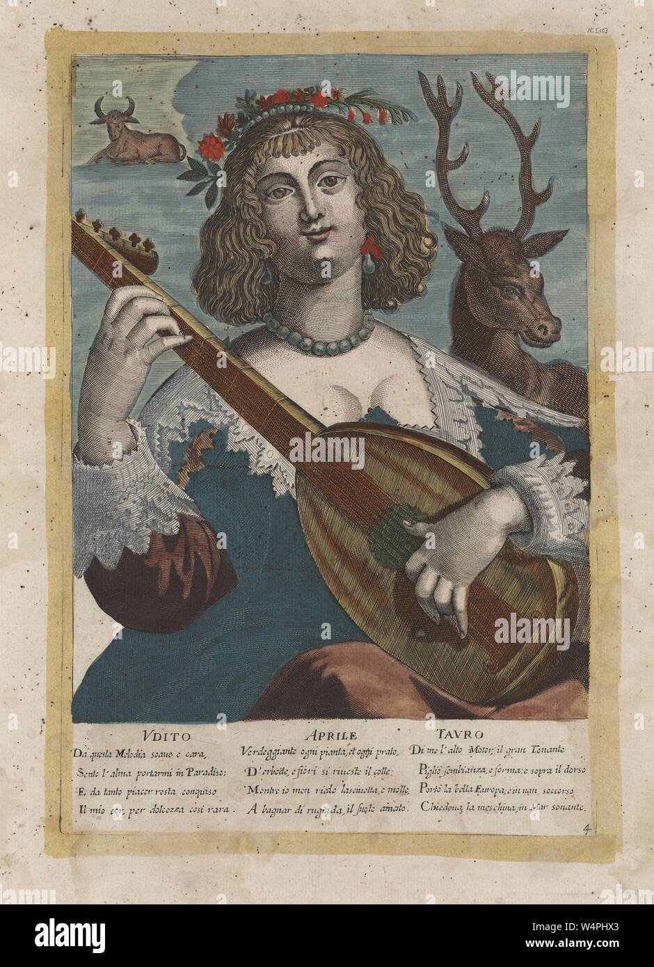 Color engraving, depicting a seated young woman, from the waist up, wearing a blue and red, Renaissance-era dress, and a floral tiara, plucking the strings of a lyre or small guitar, with a bull in the upper left background, a deer in the background at right, and with three columns of Italian text beneath the image, with the title captions 'Udito, Aprile, Tauro' or 'Hearing, April, Taurus', 1649. From the New York Public Library. () Stock Photo