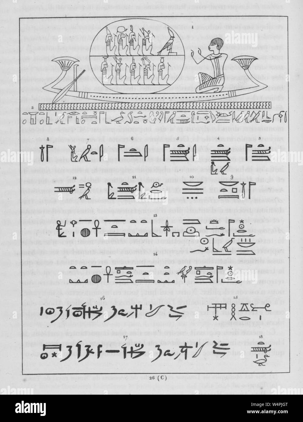 Ancient Egyptian hieroglyphics dedicated to the god Atum, the finisher of the world, the deities and all things being made of his flesh, illustration from the book 'Pantheon Egyptien' by Leon Jean Joseph Dubois, 1824. () Stock Photo
