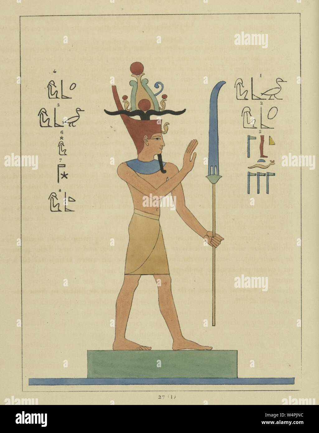 Ancient Egyptian god Geb, the god of the Earth and the father of snakes, illustration from the book 'Pantheon Egyptien' by Leon Jean Joseph Dubois, 1824. () Stock Photo