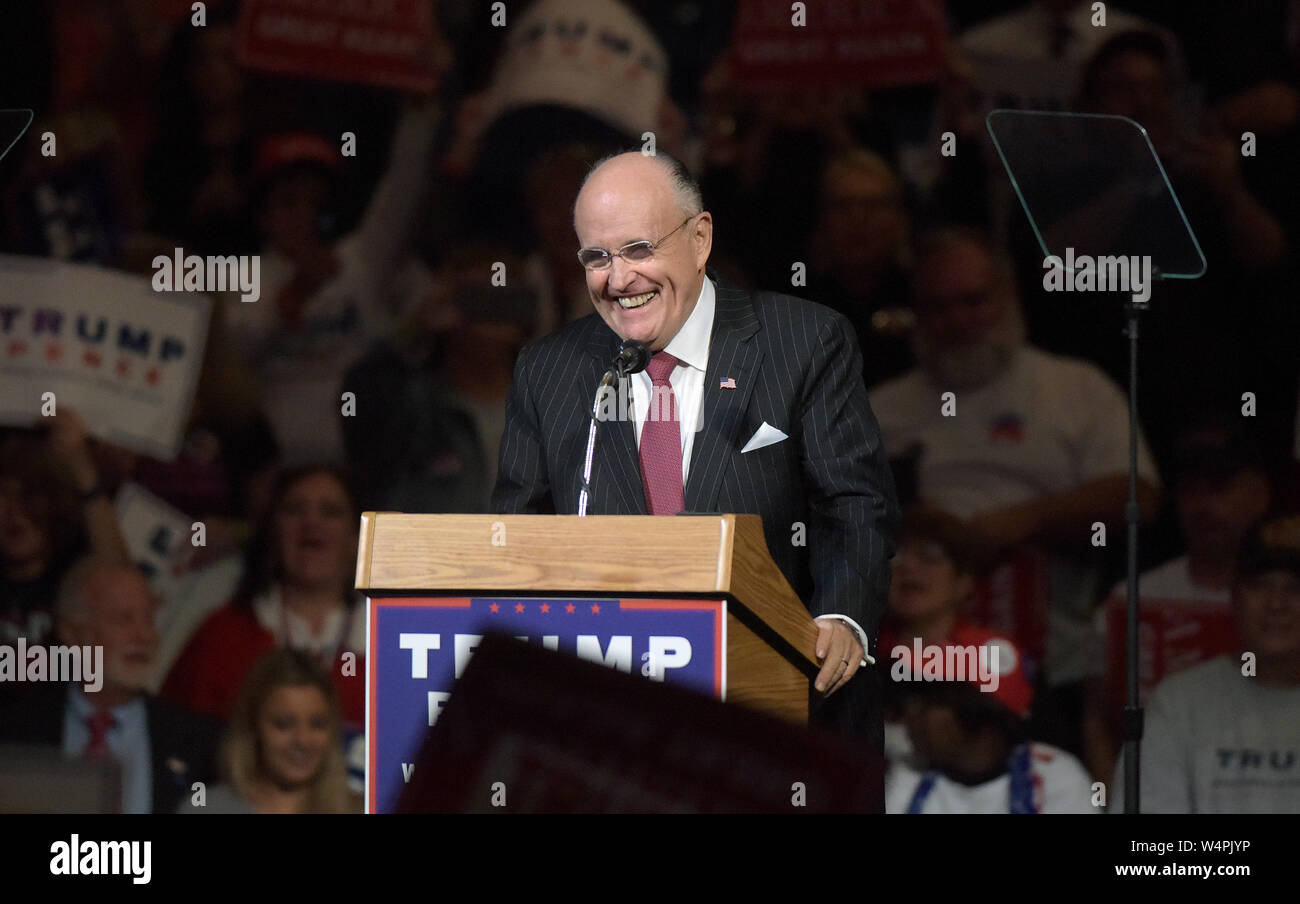 Rudy Giuliani speaks during a rally for Donald Trump at Mohegan Sun Arena in Wilkes-Barre, Pennsylvania. Stock Photo