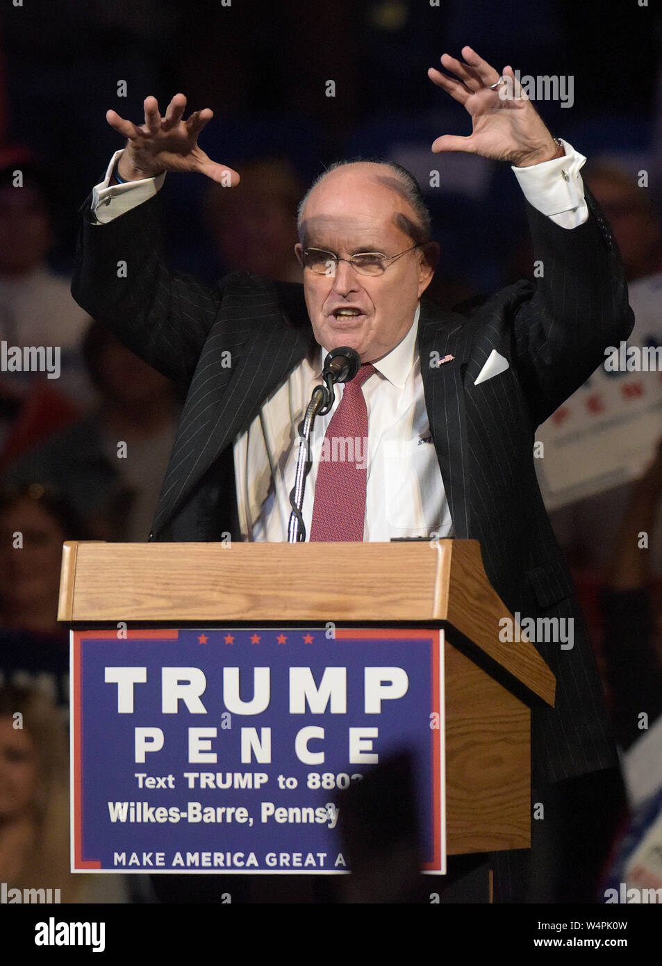 Rudy Giuliani speaks during a rally for Donald Trump at Mohegan Sun Arena in Wilkes-Barre, Pennsylvania. Stock Photo