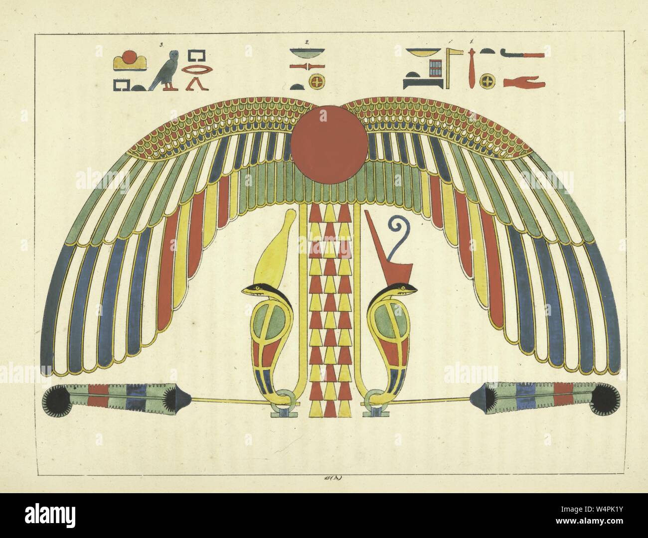 Ancient Egyptian living emblem of god Ra, the deity of the sun and the most important god in ancient Egyptian religion, illustration from the book 'Pantheon Egyptien' by Leon Jean Joseph Dubois, 1824. () Stock Photo