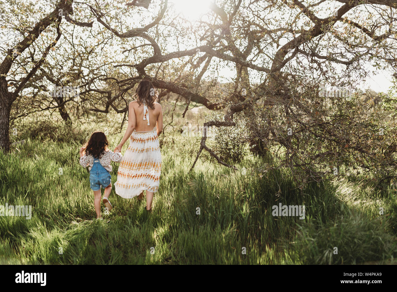 Back view of mother and daughter holding hands walking away in field Stock Photo