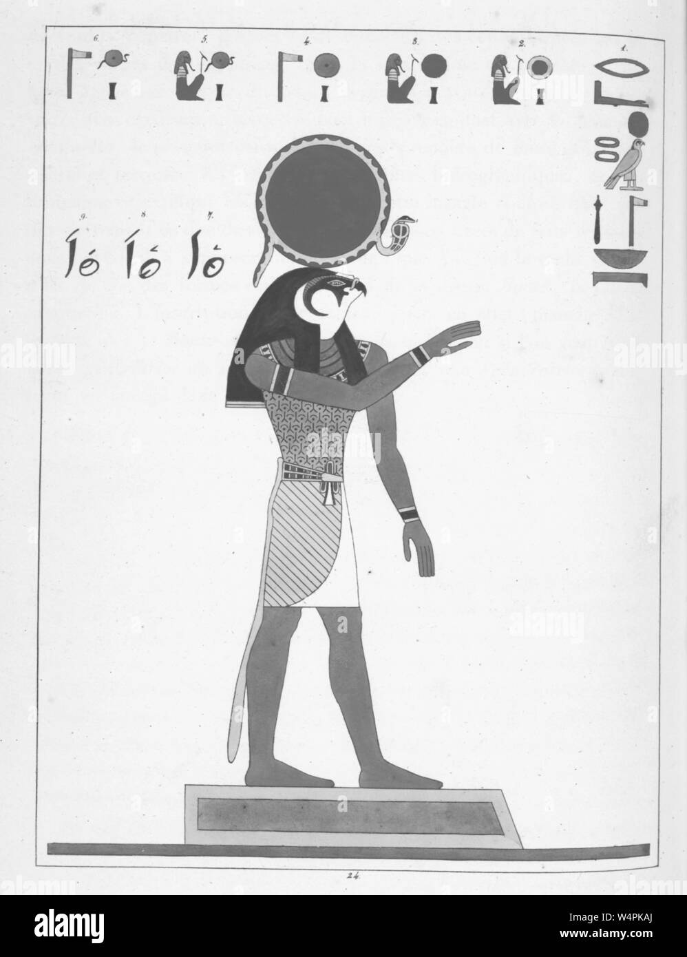 Ancient Egyptian god Ra, the deity of the sun, the most important god in ancient Egyptian religion, illustration from the book 'Pantheon Egyptien' by Leon Jean Joseph Dubois, 1824. () Stock Photo