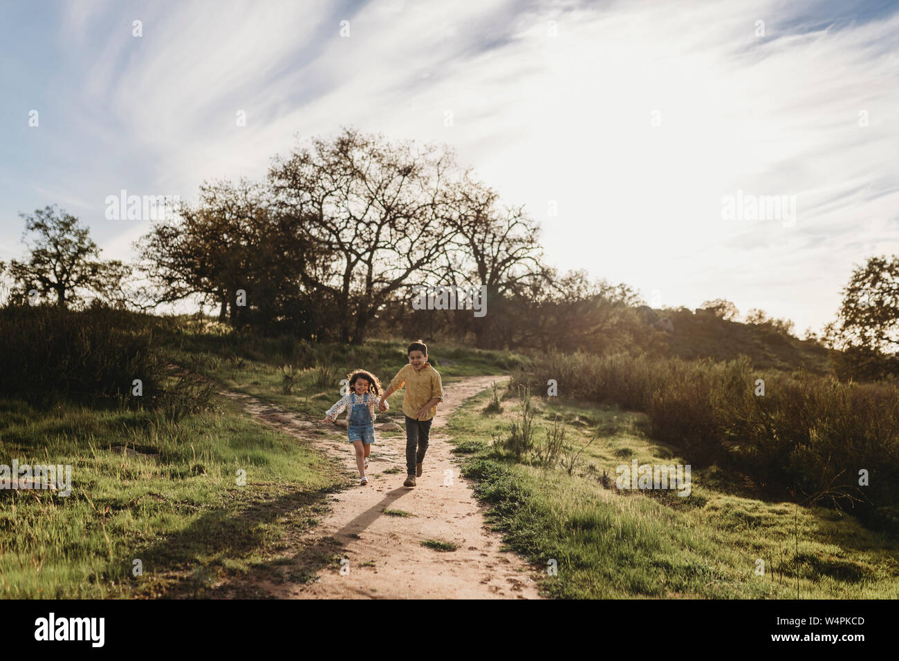 Brother and sister holding hands and running in backlit field Stock ...