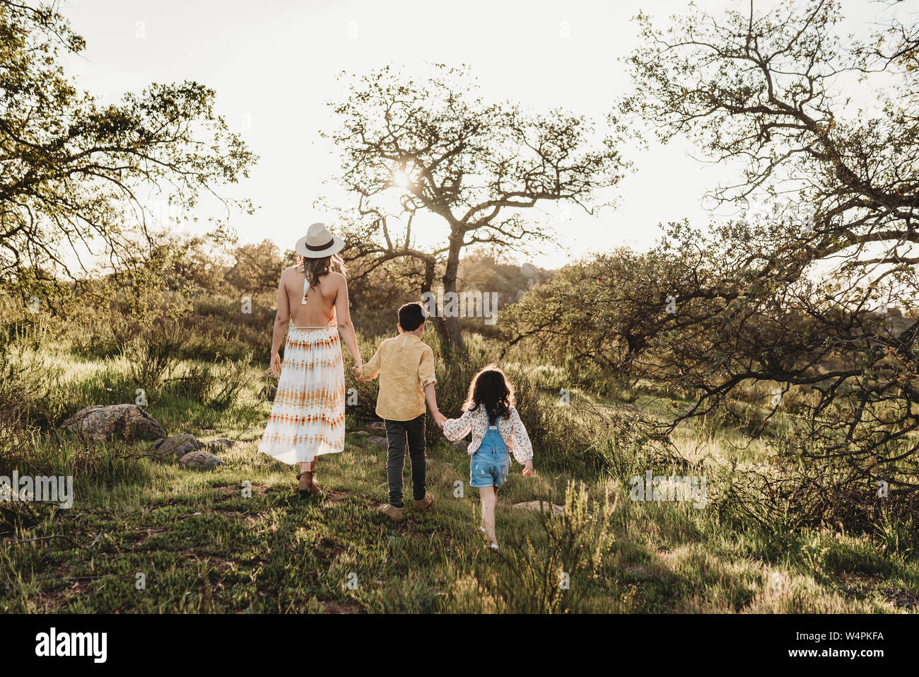 Back view of mother and children walking away in field Stock Photo