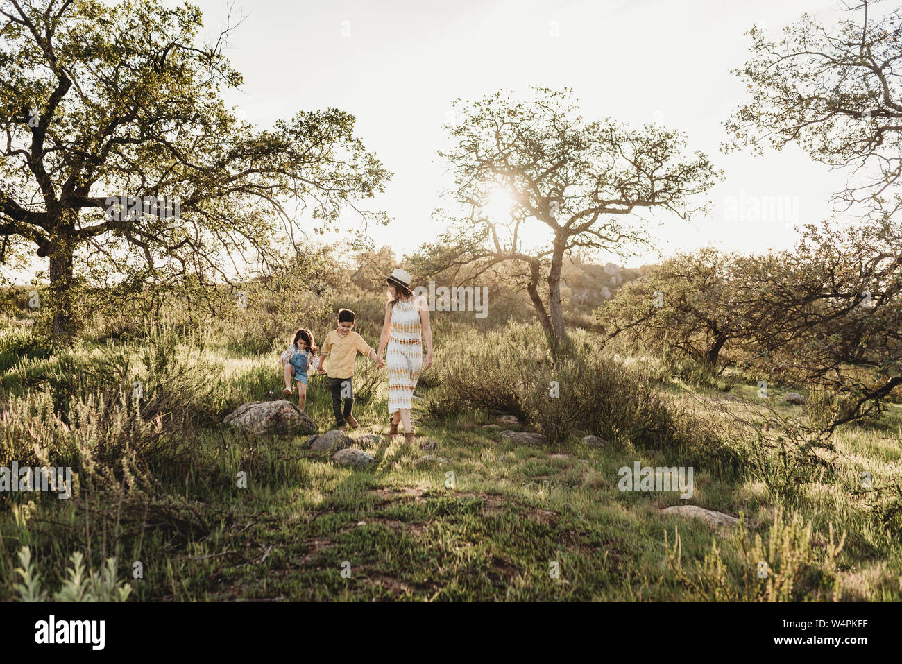 Front view of mother and children walking through california meadow Stock Photo