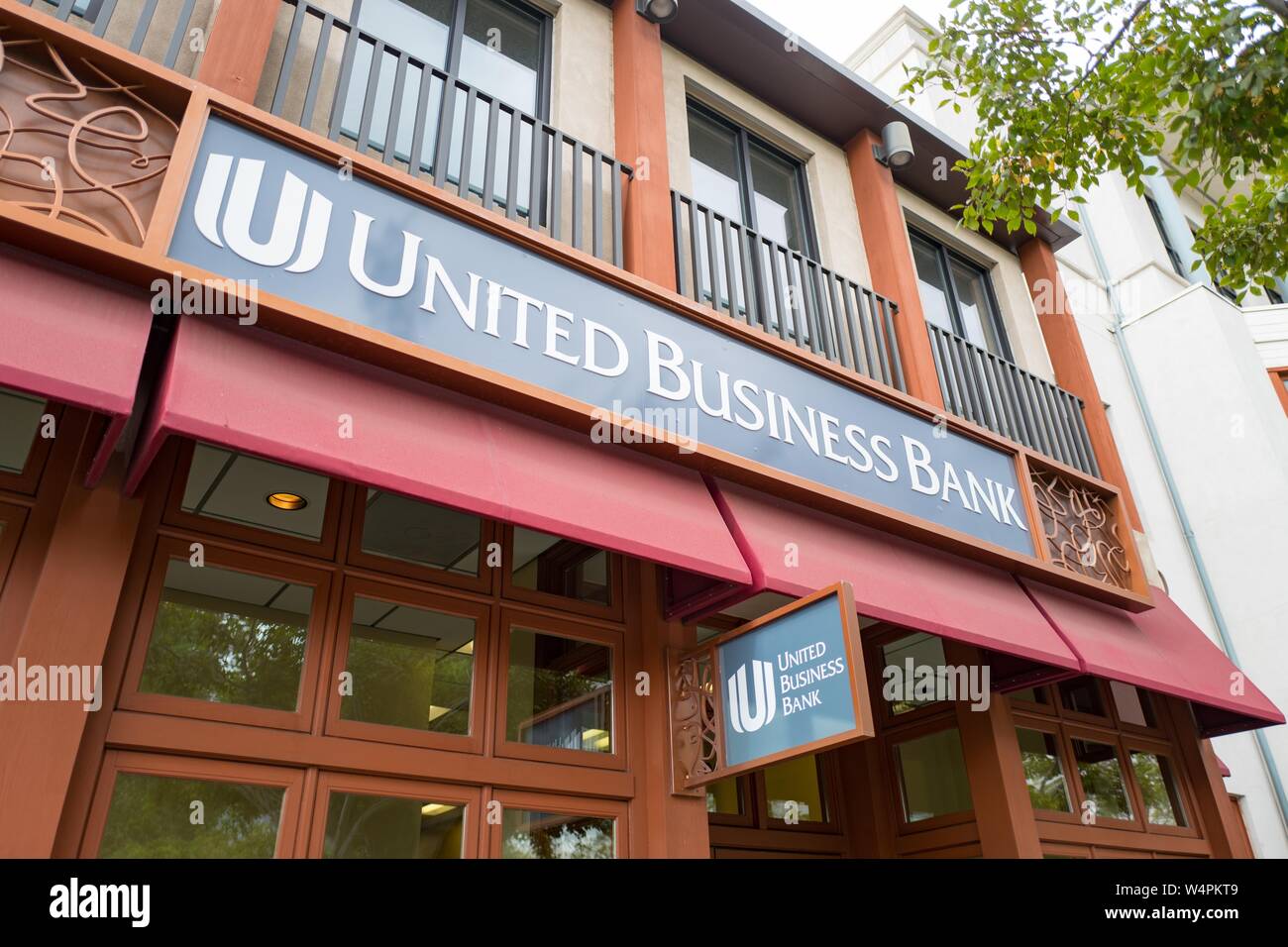 Facade with sign at branch of United Business Bank on First Avenue in downtown Livermore, California, October 3, 2018. () Stock Photo