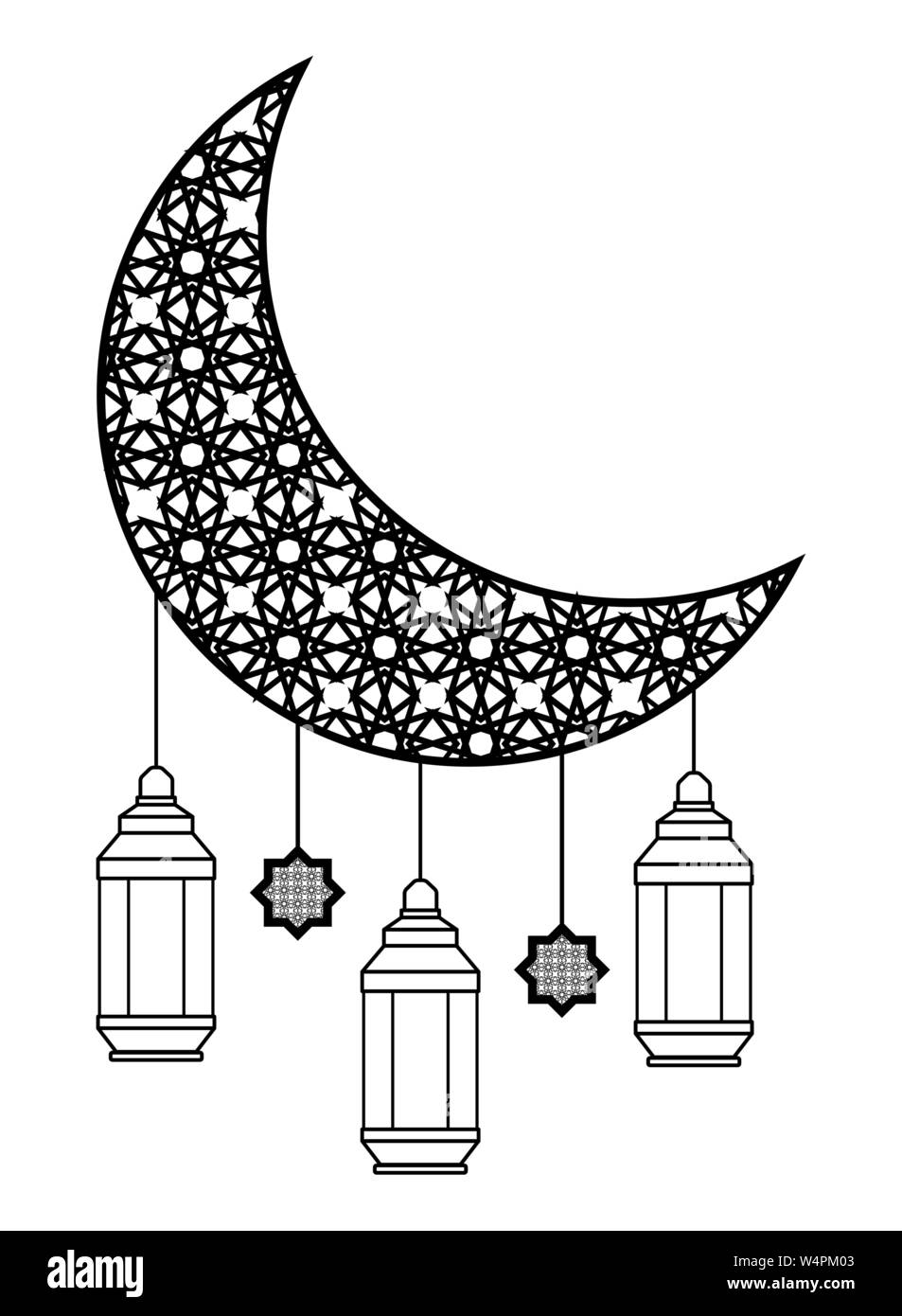 Moon drawing with antique lanterns hanging in black and white Stock Vector