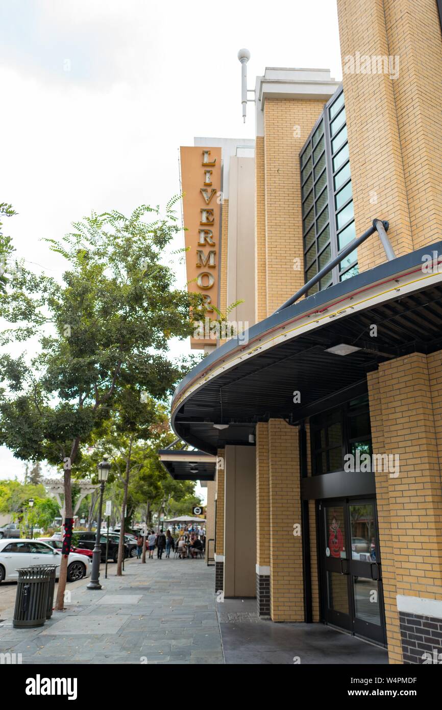 Theater marquee reading Livermore on First Street in downtown Livermore