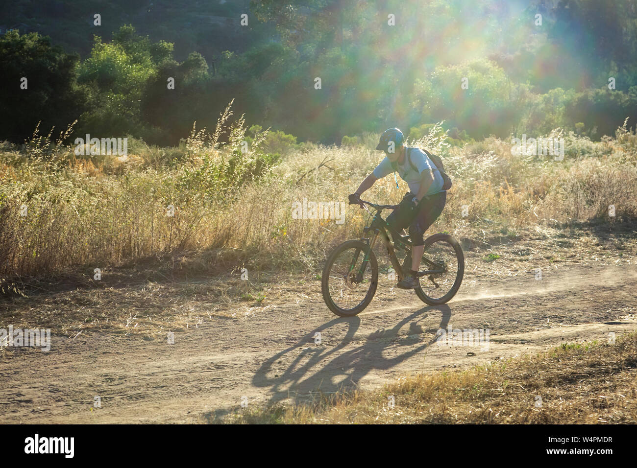 Mature Man riding mountain bike on trail on bright, sunny day Stock Photo