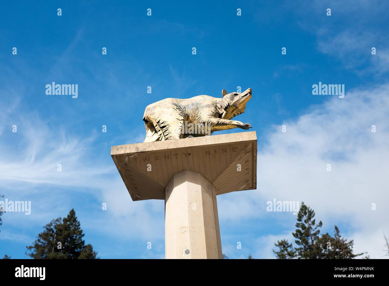 Iconic Golden Bear statue featuring the mascot of UC Berkeley, donated by the class of 1929, on the campus of UC Berkeley in Berkeley, California, October 9, 2018. () Stock Photo