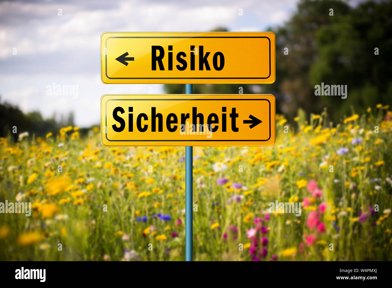 Sign with the words "Risk" and "Safety" in German, pointing in