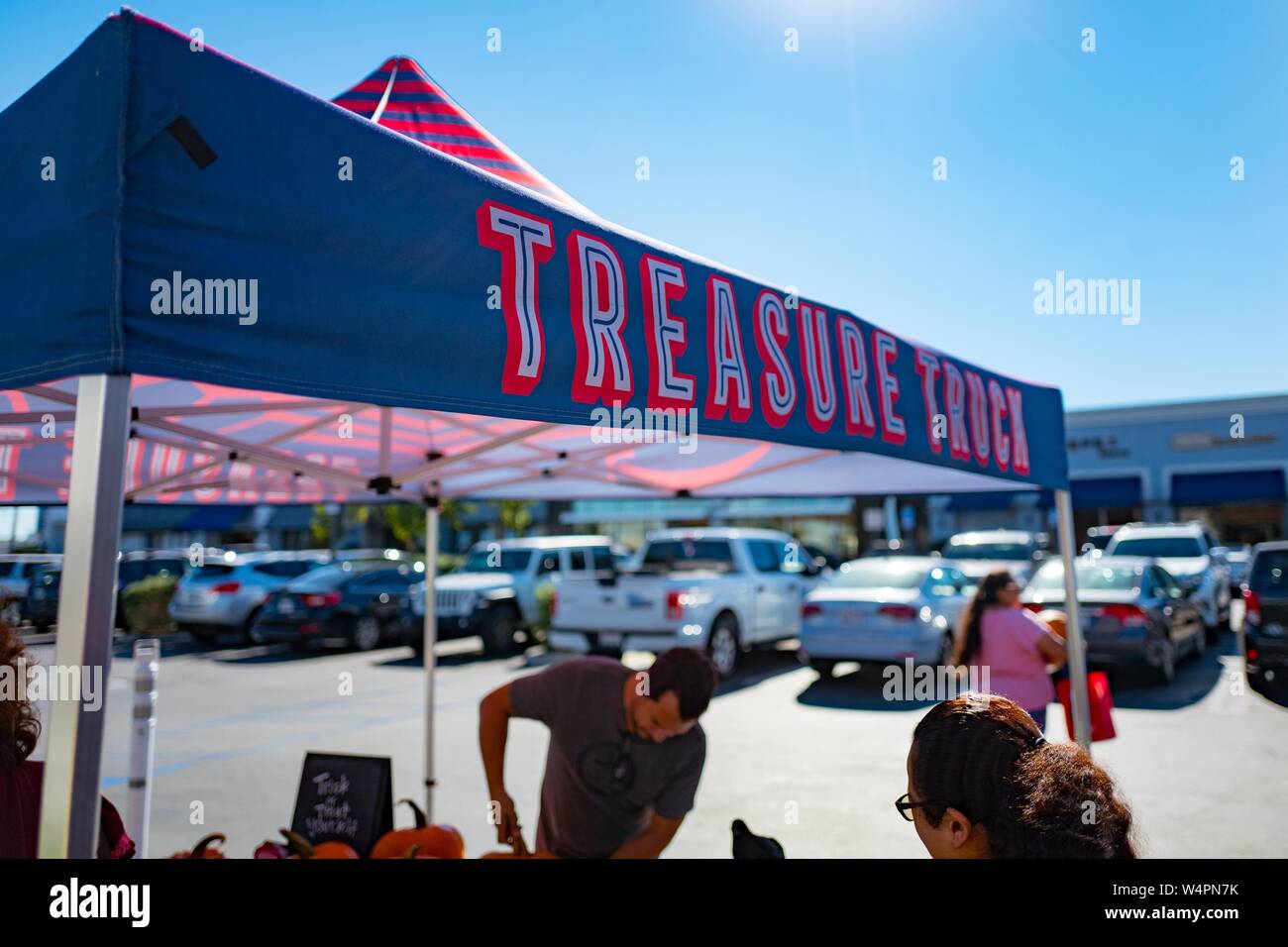 Banner for Amazon Treasure Truck, a mobile pop-up store operated by Amazon as part of the Amazon Prime program, parked in a shopping development in the Marina del Rey neighborhood of Los Angeles, California, October 20, 2018. () Stock Photo