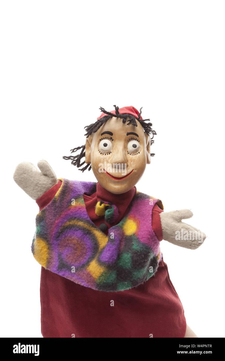 Wood puppet welcomes visitors Stock Photo