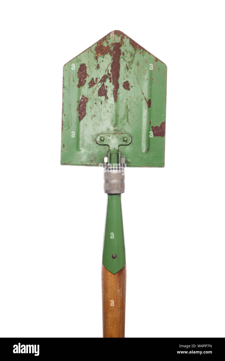 Old army shovel on white background Stock Photo Alamy