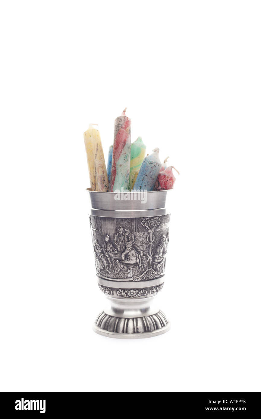 Silver bowl with candle isolated Stock Photo Alamy