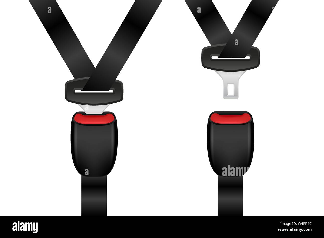 Realistic locked and unlocked seat belt set. Open and closed automobile