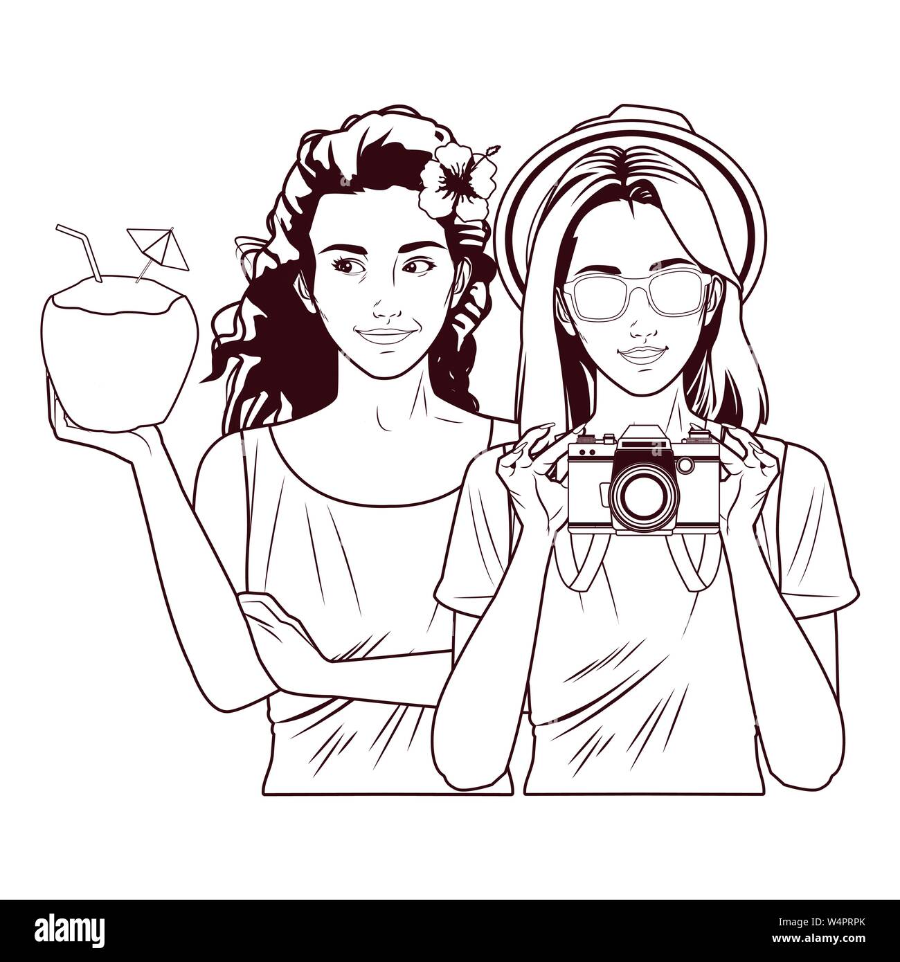 Pop art women friends smiling cartoon in black and white Stock Vector