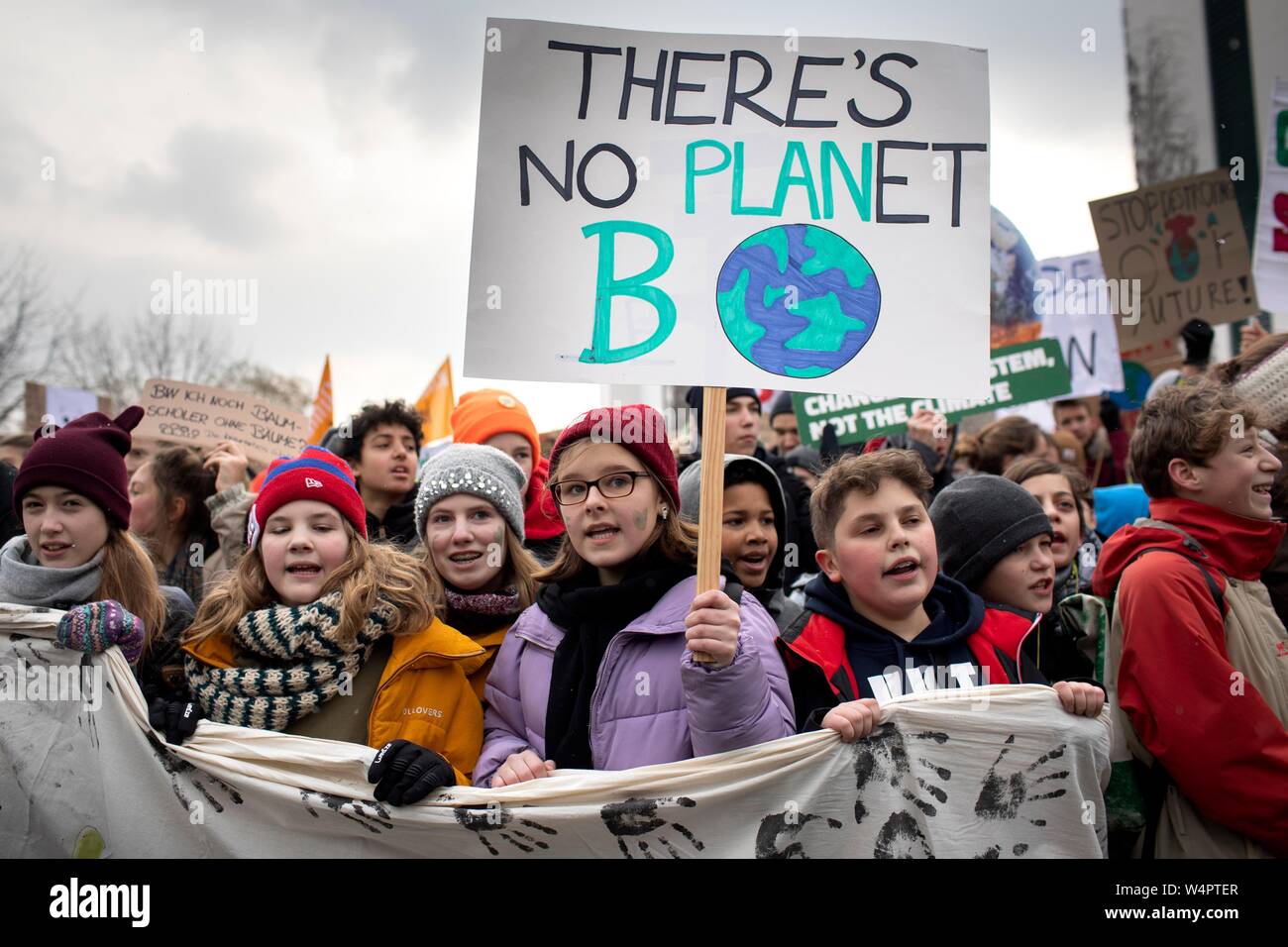 Demonstrator with sign There's no Planet B, Demonstration of pupils and young people for climate protection, Fridays for Future, Berlin, Germany Stock Photo
