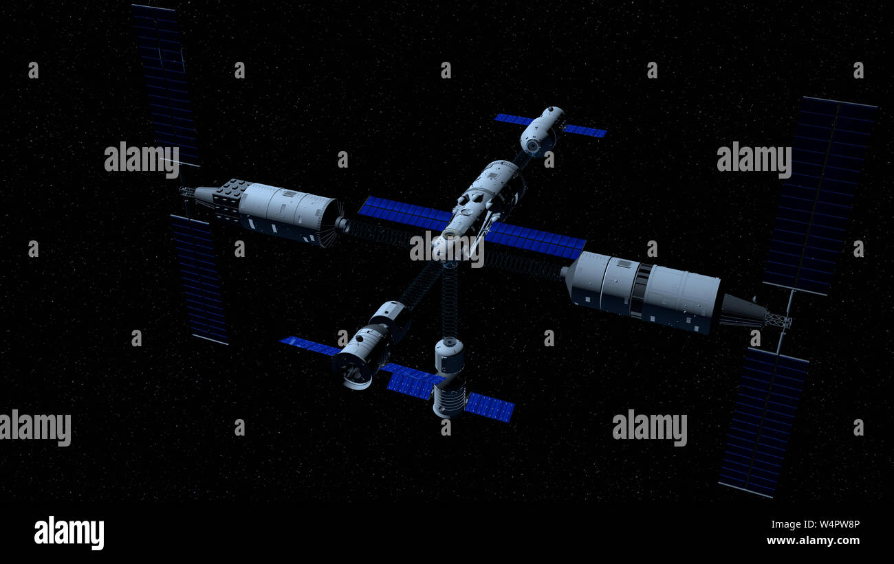 The illustration shows the modules of the TIANGONG 3 - Chinese space station in the direction of coupling to the TIANHE core module on black space wit Stock Photo