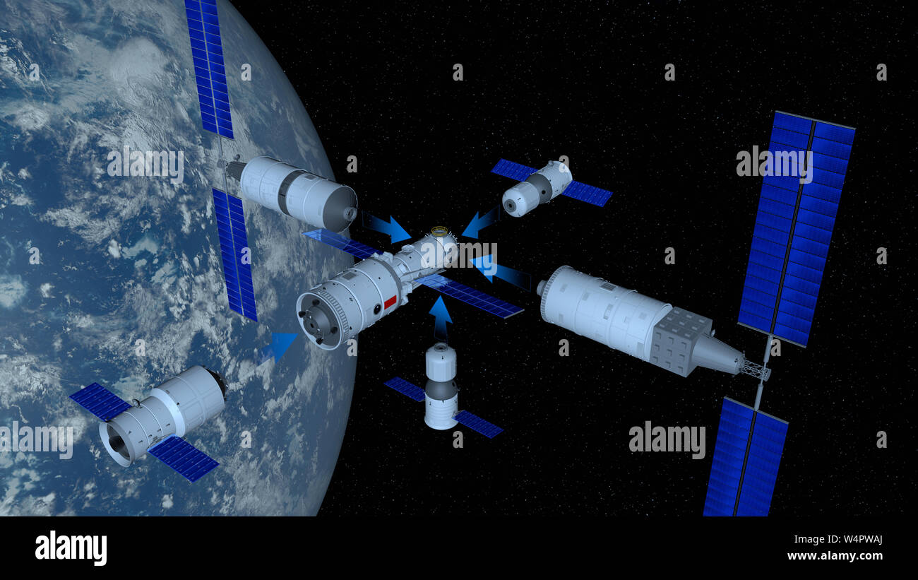 The illustration shows the modules of the TIANGONG 3 - Chinese space station with blue arrows pointing the direction of coupling to the TIANHE core mo Stock Photo