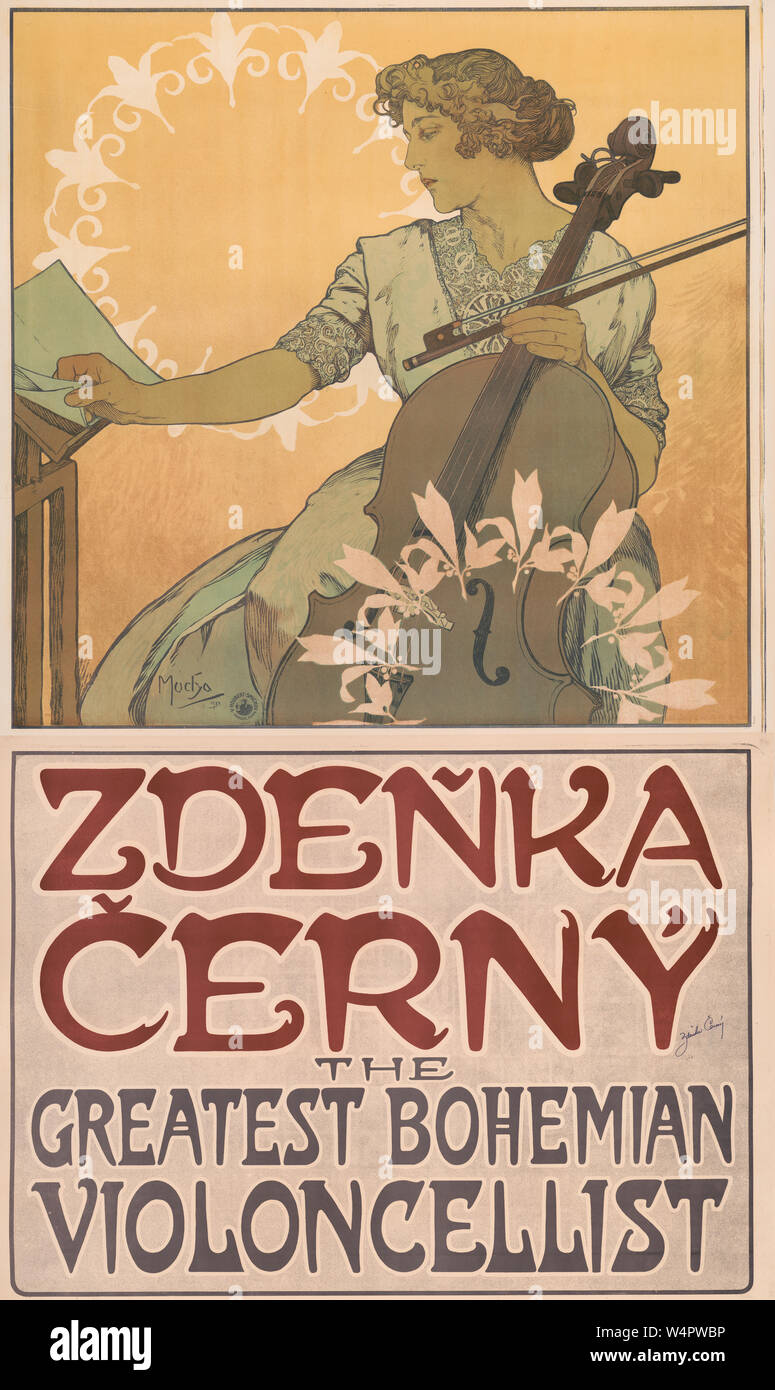 Zdenka Cerny -  The greatest Bohemian violoncellist. Poster for 1914-1915 European concert tour shows Zdenka Cerny with her cello turning pages of music on music stand; concert tour was cancelled due to World War I. Stock Photo