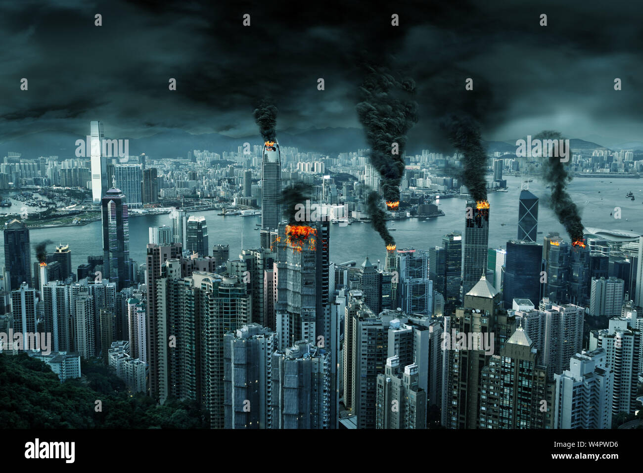 Illustration of fictitious destruction of chaotic Hong Kong city skyline with fires, explosion. Concept of riots, war, disasters, judgement day, fire, Stock Photo
