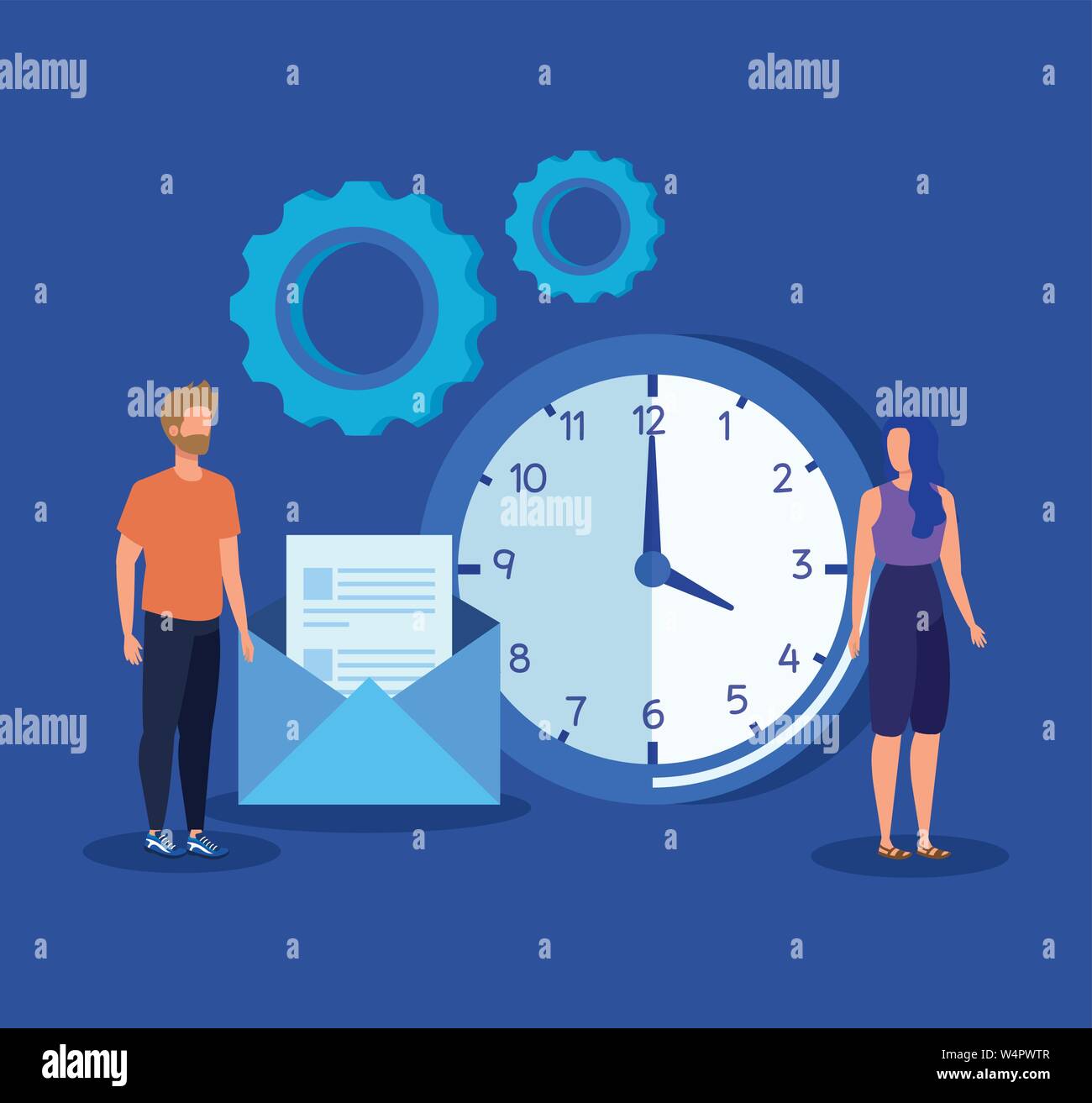 man and woman teamwork with gears and letter information Stock Vector ...