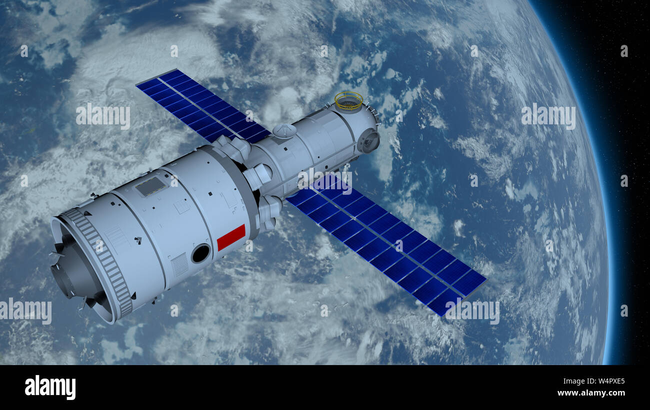 3D model of the TIANHE core module of the TIANGONG 3 - Chinese space station orbiting the planet Earth behind on black space with stars background. 3D Stock Photo