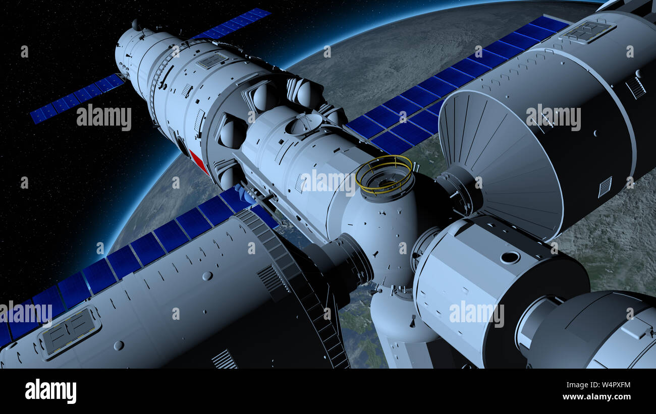 View of TIANGONG 3 - Chinese space station orbiting the planet Earth on black space with stars background. 3D Illustration Stock Photo