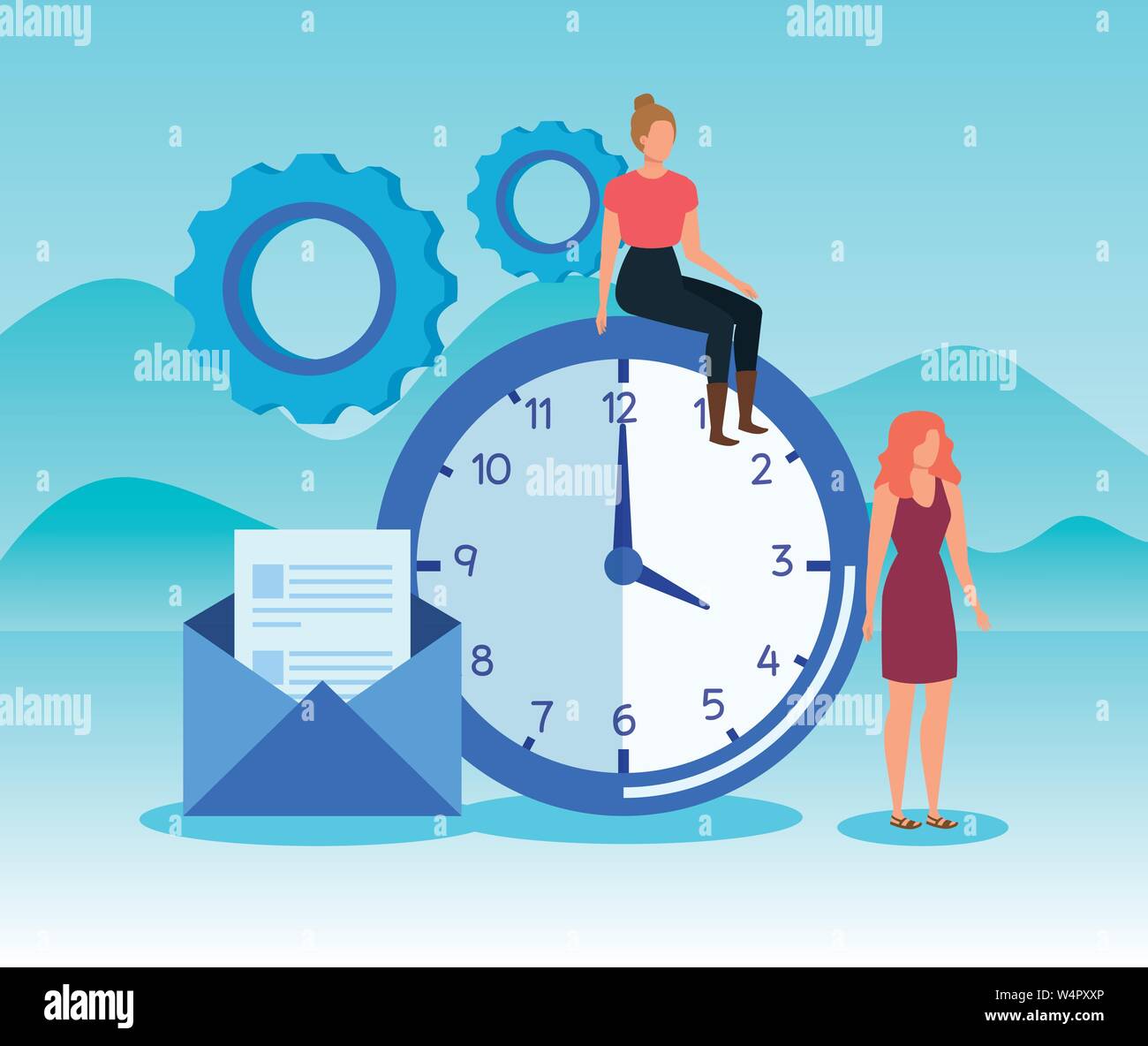 women teamwork with gears and clock with letter Stock Vector Image ...