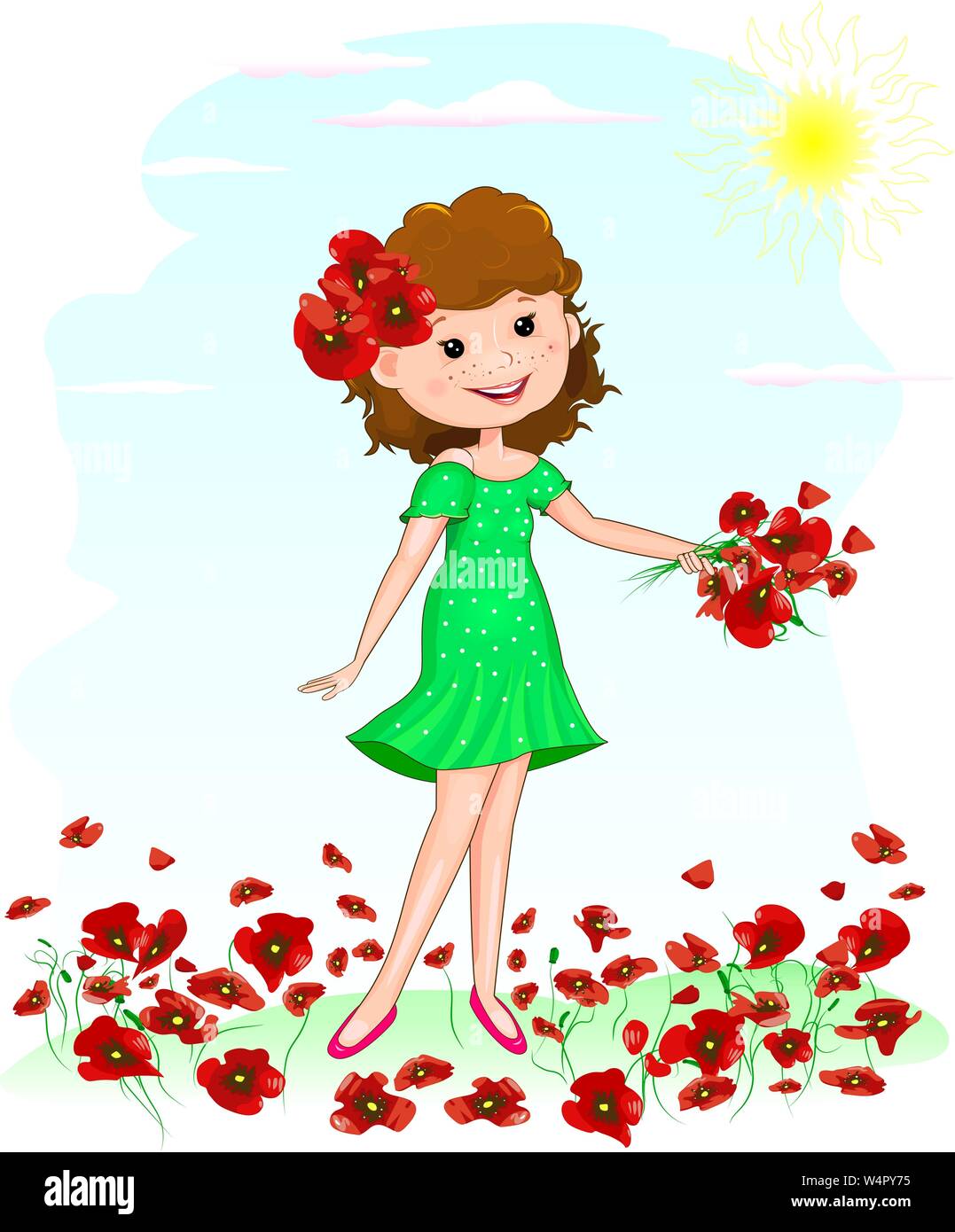 Happy young girl gathers flowers red poppies. A girl in a green dress is standing on a glade with red poppies. Joyful young girl with a bouquet of red Stock Vector
