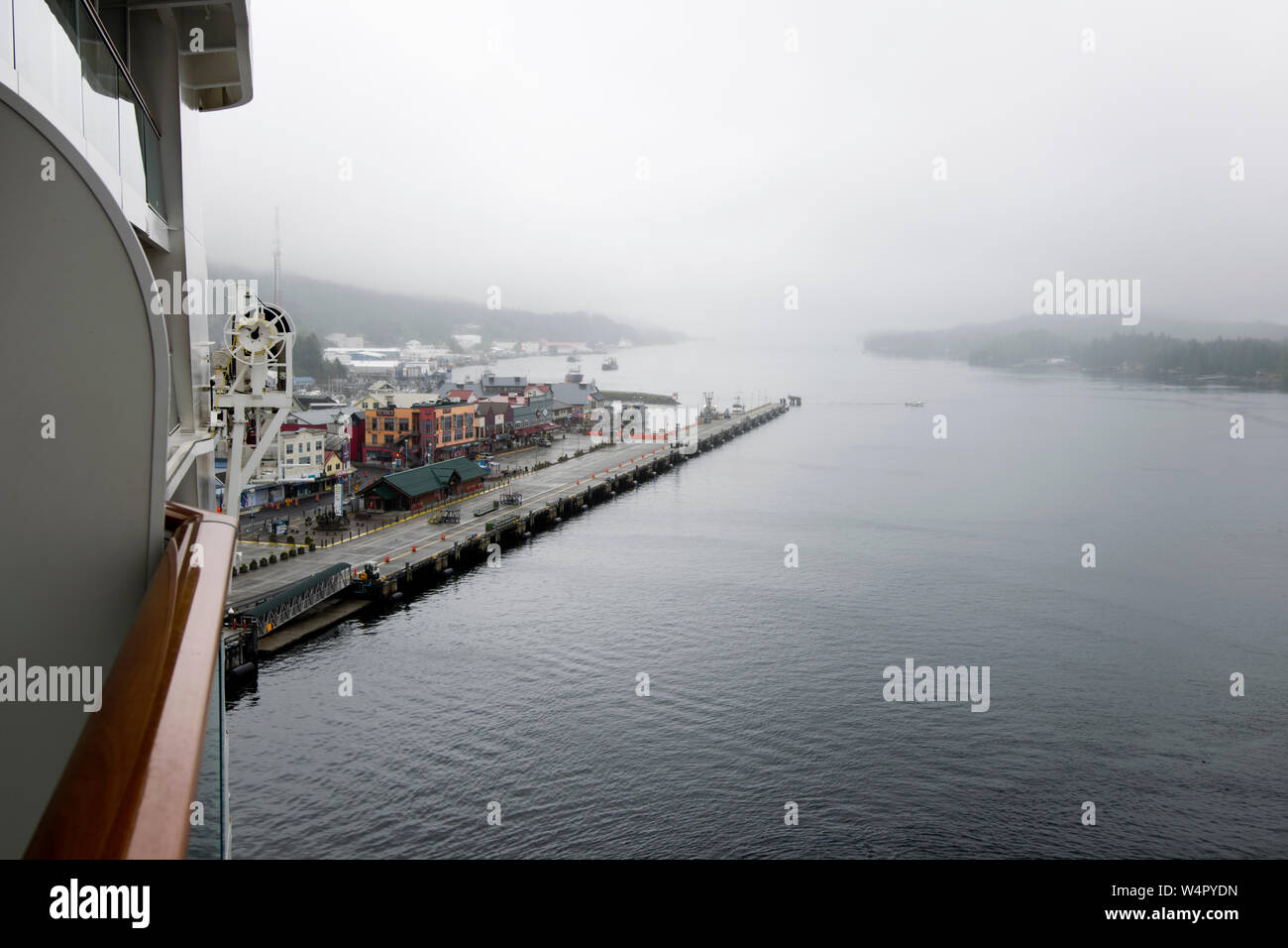 View of foggy Ketchikan Alaska from Norwegian Joy cruise ship. Stock Photo