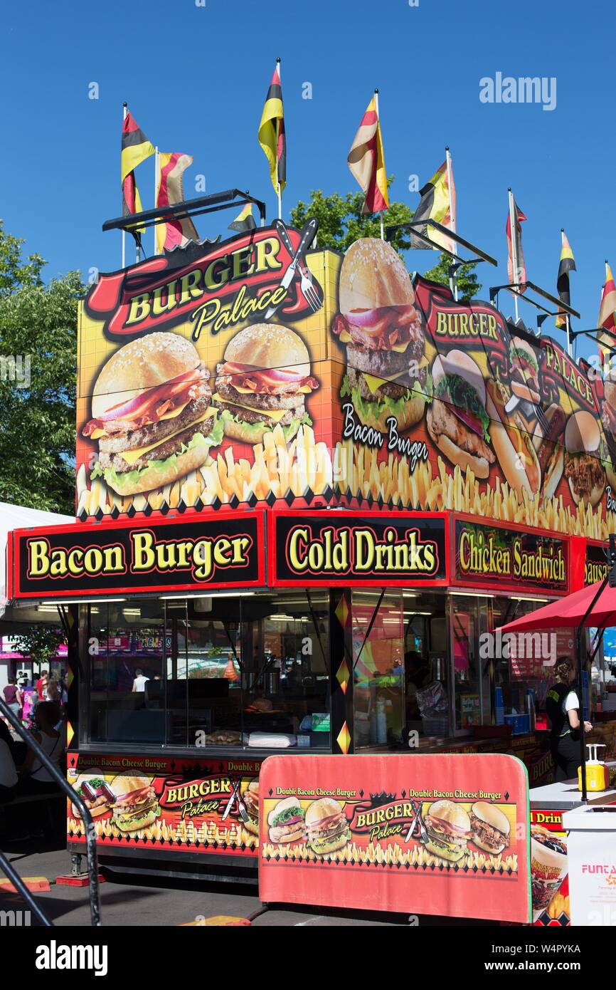 A food booth selling burgers at the Lane County Fair in Eugene, Oregon