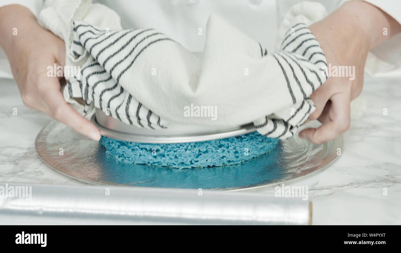 Step by step. Removing freshly baked cake layers from the cake pan to